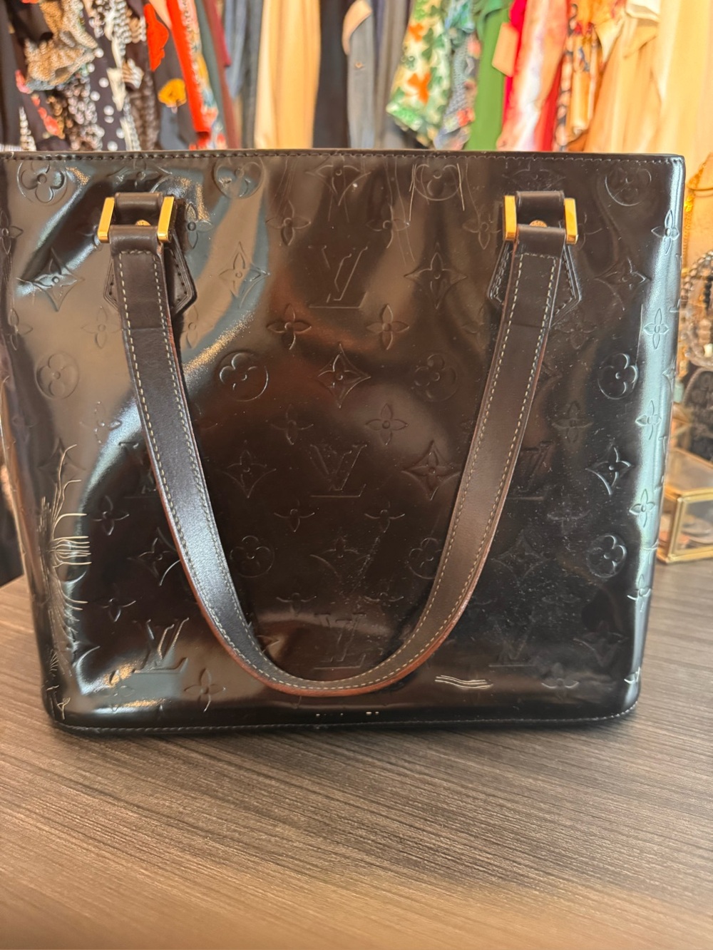 Louis Vuitton Black Vernis Monogram Shoulder Bag with Gold-Tone Hardware